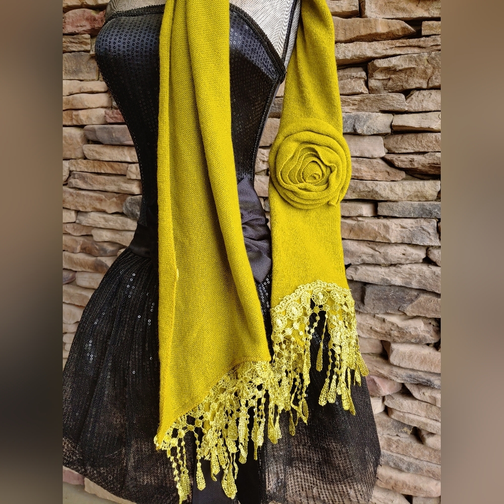 Vintage Floral Bohemian Whimsigoth Mustard Rose Lace Trim Long Scarf | Preppy - Picture 9 of 17